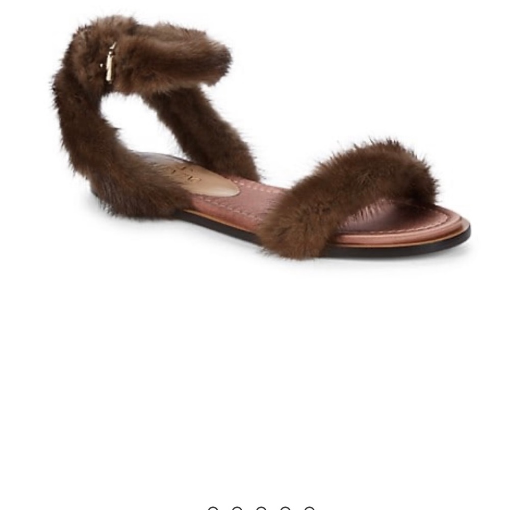Authentic Valentino Garavani. Mink Fur and Leather Ankle-Strap Flat Sandals 37.5